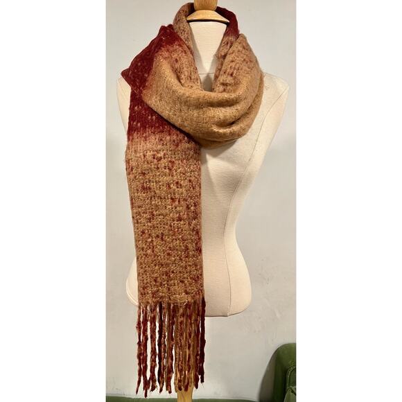 Boho Hippie Knit Striped Scarf Tan Red Soft Comfy Warm - Picture 3 of 11